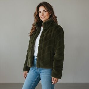 Ci Sono Olive Green Faux Fur Fitted Teddy Jacket Size Large Zip/snap